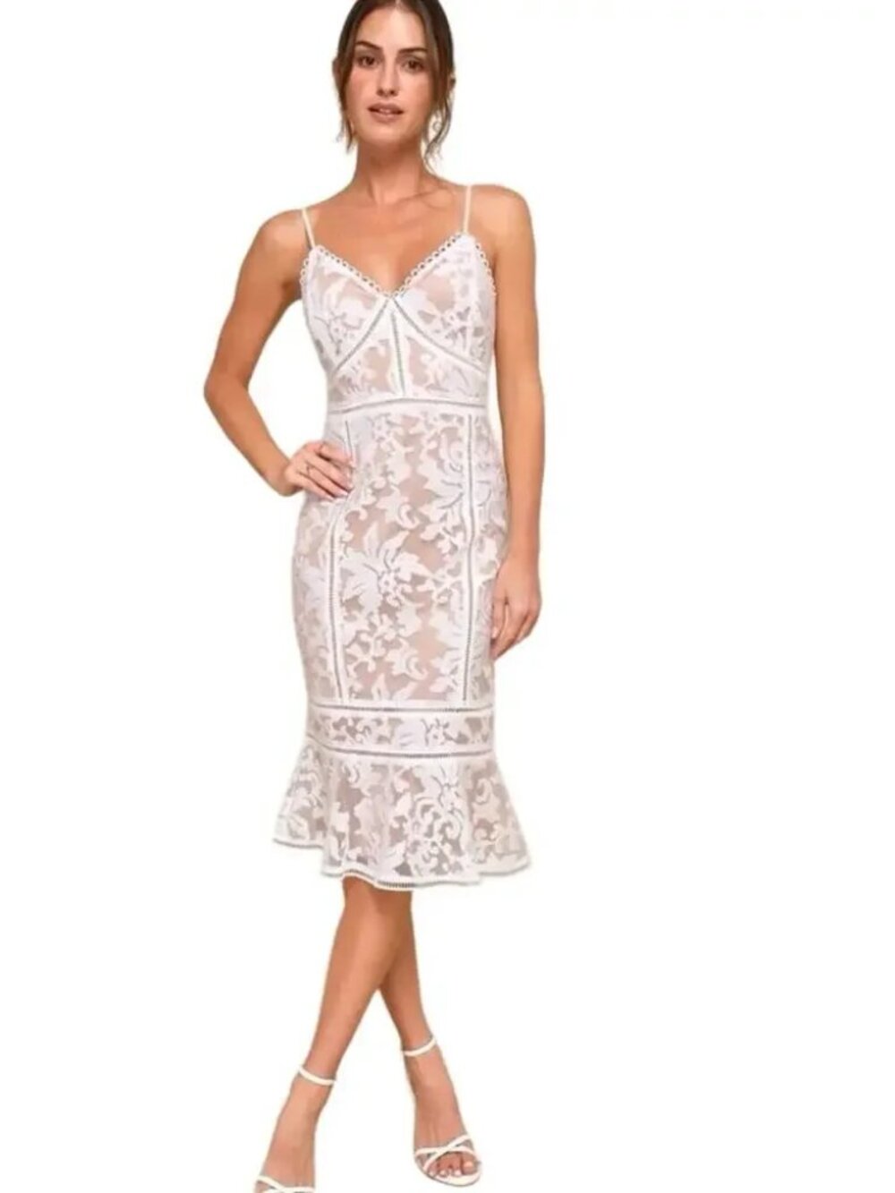 NWT LULUS Alluring Love White and Beige Lace Trumpet Hem Midi Dress Size XL